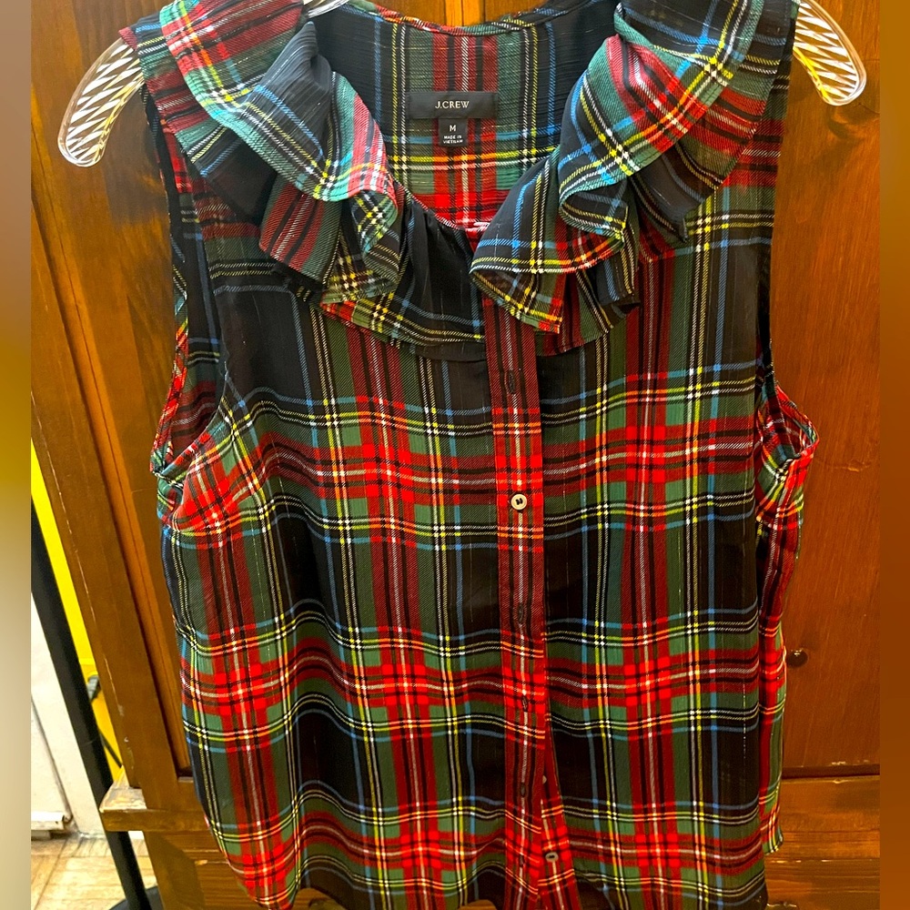 J Crew Festive double ruffled neckline plaid sleeveless top
Size M